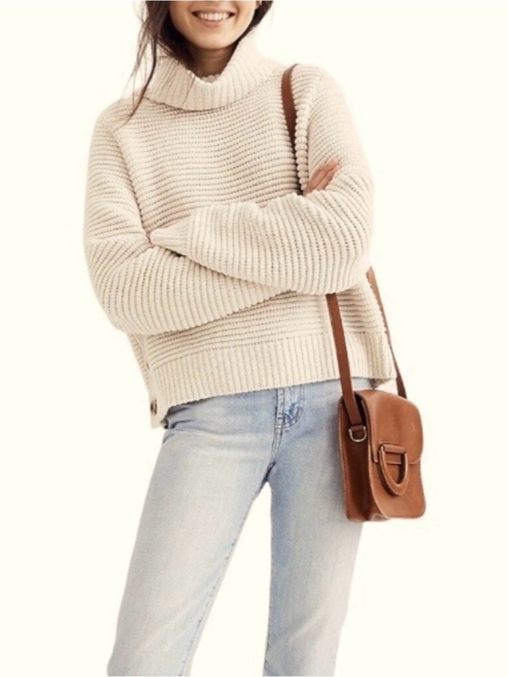 Madewell Cream Ribbed Turtleneck Sweater size XXS side button cotton/wool